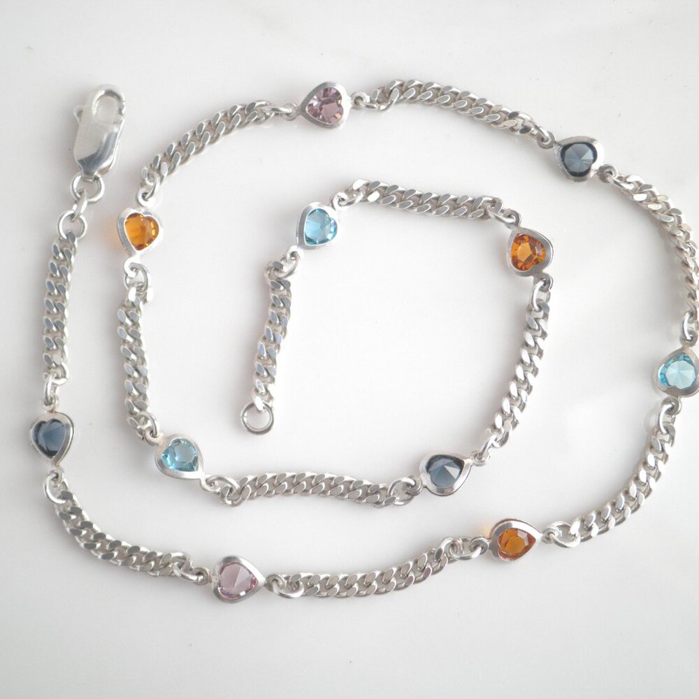 Vintage Italy Heart Shape Crystal Links 925 Sterling Silver Curb Link Necklace